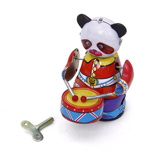 Vintage Collectible Figures - Aufziehbares Uhrwerk-Panda-Schlagzeuger-Spielzeug im Vintage-Stil, Sammlerstück, Metalltierfigur,