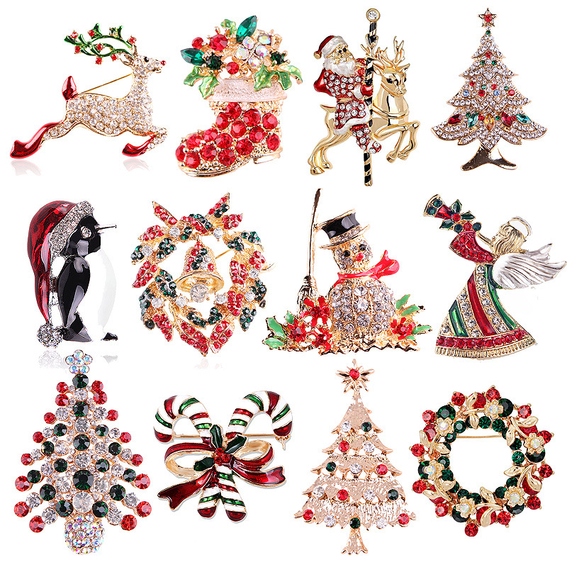Vintage Collectible Santa - Vintage Strass-Weihnachtsbroschen-Kollektion, Weihnachtsbaum-Rentier-Weihnachtsmann-Schneemann-Kranz-Anstecknadel, Mehrfarbige Kristall-Feiertags-Tier-Kleidungsaccessoires